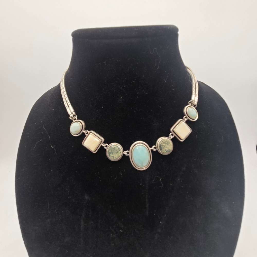 Mixed Stone Statement Necklace Silver Tone Blue Green Cream Boho Wheat Chain